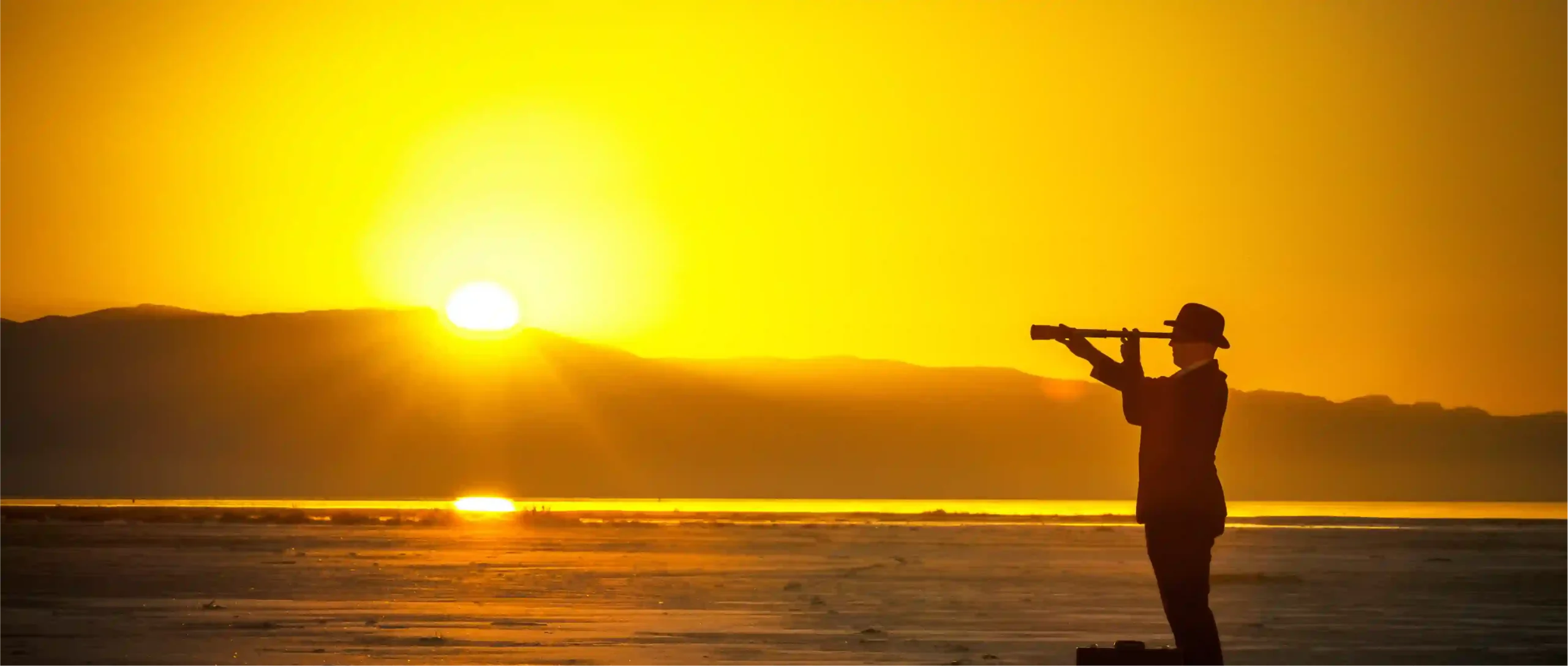 Person looking through telescope at sunset